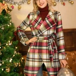 Allegra K Women's Shawl Collar Belted Asymmetrical Hem Plaid Coat