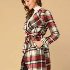 Allegra K Women's Shawl Collar Belted Asymmetrical Hem Plaid Coat