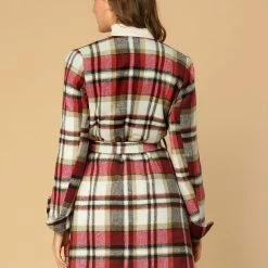 Allegra K Women's Shawl Collar Belted Asymmetrical Hem Plaid Coat