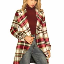 Allegra K Women's Shawl Collar Belted Asymmetrical Hem Plaid Coat