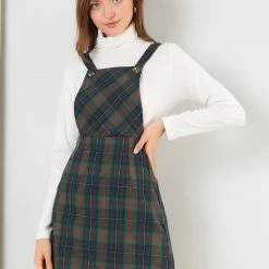 Allegra K Women's Plaids Adjustable Strap Above Knee Overall Suspender Dress