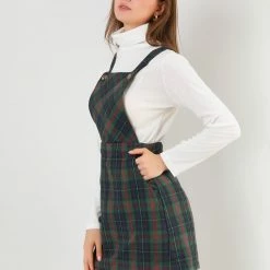 Allegra K Women's Plaids Adjustable Strap Above Knee Overall Suspender Dress