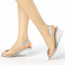 Allegra K Shoes Women's Rhinestone Clear Wedges Heels Sandals