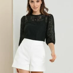 Allegra K Women's 3/4 Lantern Sleeve Semi Sheer Vintage Lace Tops 51 Allegra K Women's 3/4 Lantern Sleeve Semi Sheer Vintage Lace Tops