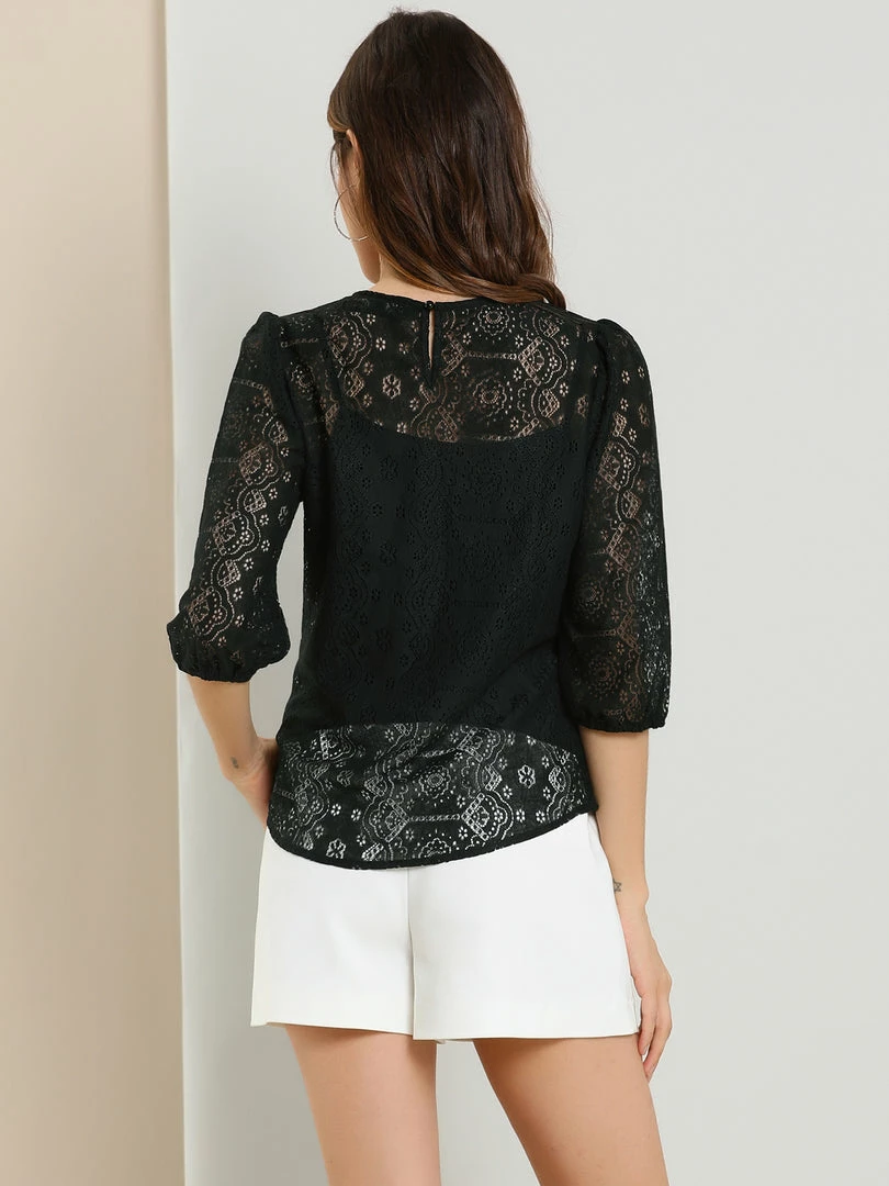 Allegra K Women's 3/4 Lantern Sleeve Semi Sheer Vintage Lace Tops 25 Allegra K Women's 3/4 Lantern Sleeve Semi Sheer Vintage Lace Tops