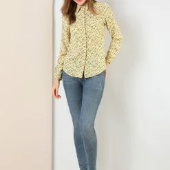 Allegra K Long Sleeve Button Down Ditsy Floral Shirt Women