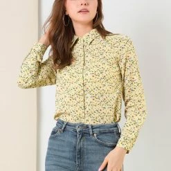 Allegra K Long Sleeve Button Down Ditsy Floral Shirt Women