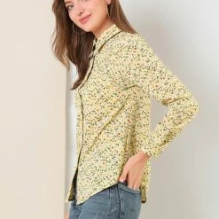 Allegra K Long Sleeve Button Down Ditsy Floral Shirt Women