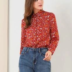 Allegra K Long Sleeve Button Down Ditsy Floral Shirt Women
