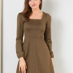 Women Allegra K Houndstooth Plaid Square Neck Long Sleeve Dress 59 Women Allegra K Houndstooth Plaid Square Neck Long Sleeve Dress