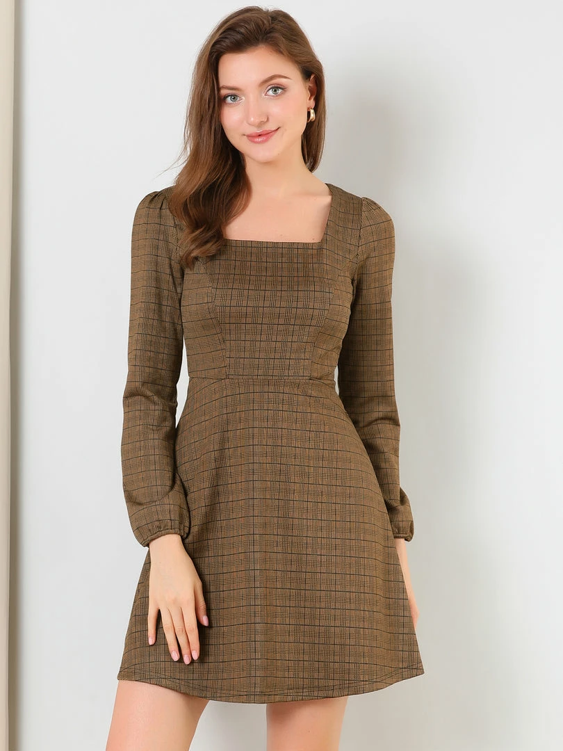 Women Allegra K Houndstooth Plaid Square Neck Long Sleeve Dress 23 Women Allegra K Houndstooth Plaid Square Neck Long Sleeve Dress