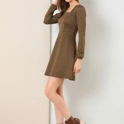 Women Allegra K Houndstooth Plaid Square Neck Long Sleeve Dress 61 Women Allegra K Houndstooth Plaid Square Neck Long Sleeve Dress