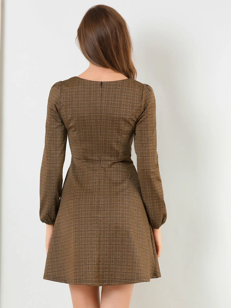 Women Allegra K Houndstooth Plaid Square Neck Long Sleeve Dress 26 Women Allegra K Houndstooth Plaid Square Neck Long Sleeve Dress