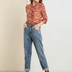 Allegra K Long Sleeve Ruffle Collar Button Down Floral Shirt