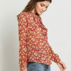Allegra K Long Sleeve Ruffle Collar Button Down Floral Shirt