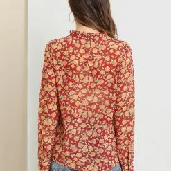 Allegra K Long Sleeve Ruffle Collar Button Down Floral Shirt