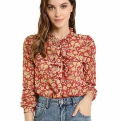 Allegra K Long Sleeve Ruffle Collar Button Down Floral Shirt