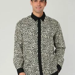 Allegra K Tops Men Vintage Leopard Print Button Down Long Sleeve Cotton Casual Shirt