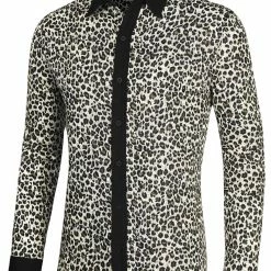 Allegra K Tops Men Vintage Leopard Print Button Down Long Sleeve Cotton Casual Shirt