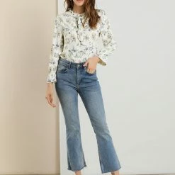 Allegra K Floral Ruffle Tie Neck Long Sleeve Blouse Women