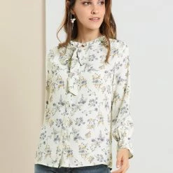Allegra K Floral Ruffle Tie Neck Long Sleeve Blouse Women
