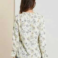 Allegra K Floral Ruffle Tie Neck Long Sleeve Blouse Women