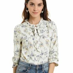 Allegra K Floral Ruffle Tie Neck Long Sleeve Blouse Women