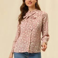 Allegra K Floral Ruffle Tie Neck Long Sleeve Blouse Women