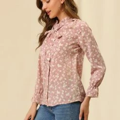 Allegra K Floral Ruffle Tie Neck Long Sleeve Blouse Women