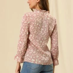 Allegra K Floral Ruffle Tie Neck Long Sleeve Blouse Women