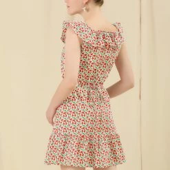 Allegra K Women's Square Neck Cotton Dress Ruffle Fruits Print Summer Sleeveless Dress