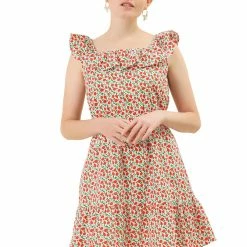 Allegra K Women's Square Neck Cotton Dress Ruffle Fruits Print Summer Sleeveless Dress