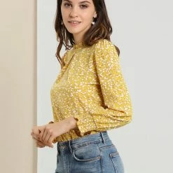 Allegra K Women's Ruffled Neck Smocked Long Sleeve Floral Printed Blouse Top