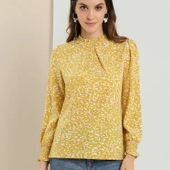 Allegra K Women's Ruffled Neck Smocked Long Sleeve Floral Printed Blouse Top