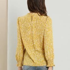 Allegra K Women's Ruffled Neck Smocked Long Sleeve Floral Printed Blouse Top