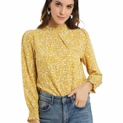 Allegra K Women's Ruffled Neck Smocked Long Sleeve Floral Printed Blouse Top