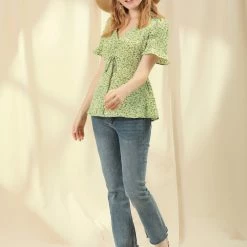 Allegra K Women's Ditsy Floral V Neck Ruffle Summer Ruched Chiffon Peasant Top Blouses