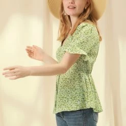 Allegra K Women's Ditsy Floral V Neck Ruffle Summer Ruched Chiffon Peasant Top Blouses