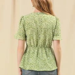 Allegra K Women's Ditsy Floral V Neck Ruffle Summer Ruched Chiffon Peasant Top Blouses