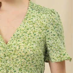 Allegra K Women's Ditsy Floral V Neck Ruffle Summer Ruched Chiffon Peasant Top Blouses