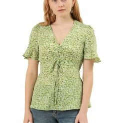 Allegra K Women's Ditsy Floral V Neck Ruffle Summer Ruched Chiffon Peasant Top Blouses