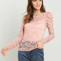 Allegra K Women's Lace Embroidery Semi Sheer Vintage Puff Sleeve Top
