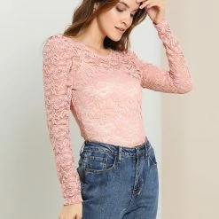 Allegra K Women's Lace Embroidery Semi Sheer Vintage Puff Sleeve Top