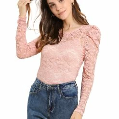 Allegra K Women's Lace Embroidery Semi Sheer Vintage Puff Sleeve Top