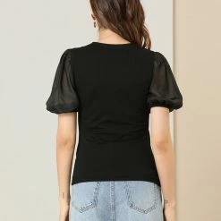 Allegra K Women's Puff Short Sleeve V Neck Stretchy Cotton Solid Color Top