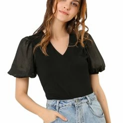 Allegra K Women's Puff Short Sleeve V Neck Stretchy Cotton Solid Color Top
