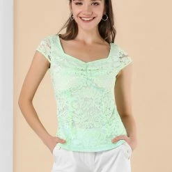 Allegra K Women's Lace Top Cap Sleeve Sweetheart Neck Ruched Front Vintage Blouse 49 Allegra K Women's Lace Top Cap Sleeve Sweetheart Neck Ruched Front Vintage Blouse