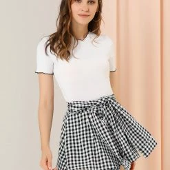 Allegra K Women's Tie Waist Casual Wide Leg Loose Fit Summer Plaid Mini Shorts