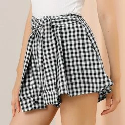 Allegra K Women's Tie Waist Casual Wide Leg Loose Fit Summer Plaid Mini Shorts