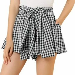 Allegra K Women's Tie Waist Casual Wide Leg Loose Fit Summer Plaid Mini Shorts
